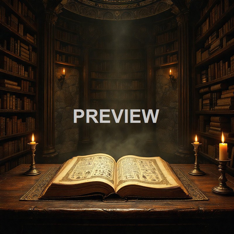 An open ancient-looking book with illustrations resting on a wooden table, illuminated by candlelight in a dimly lit, circular library filled with tall bookshelves and stone walls.